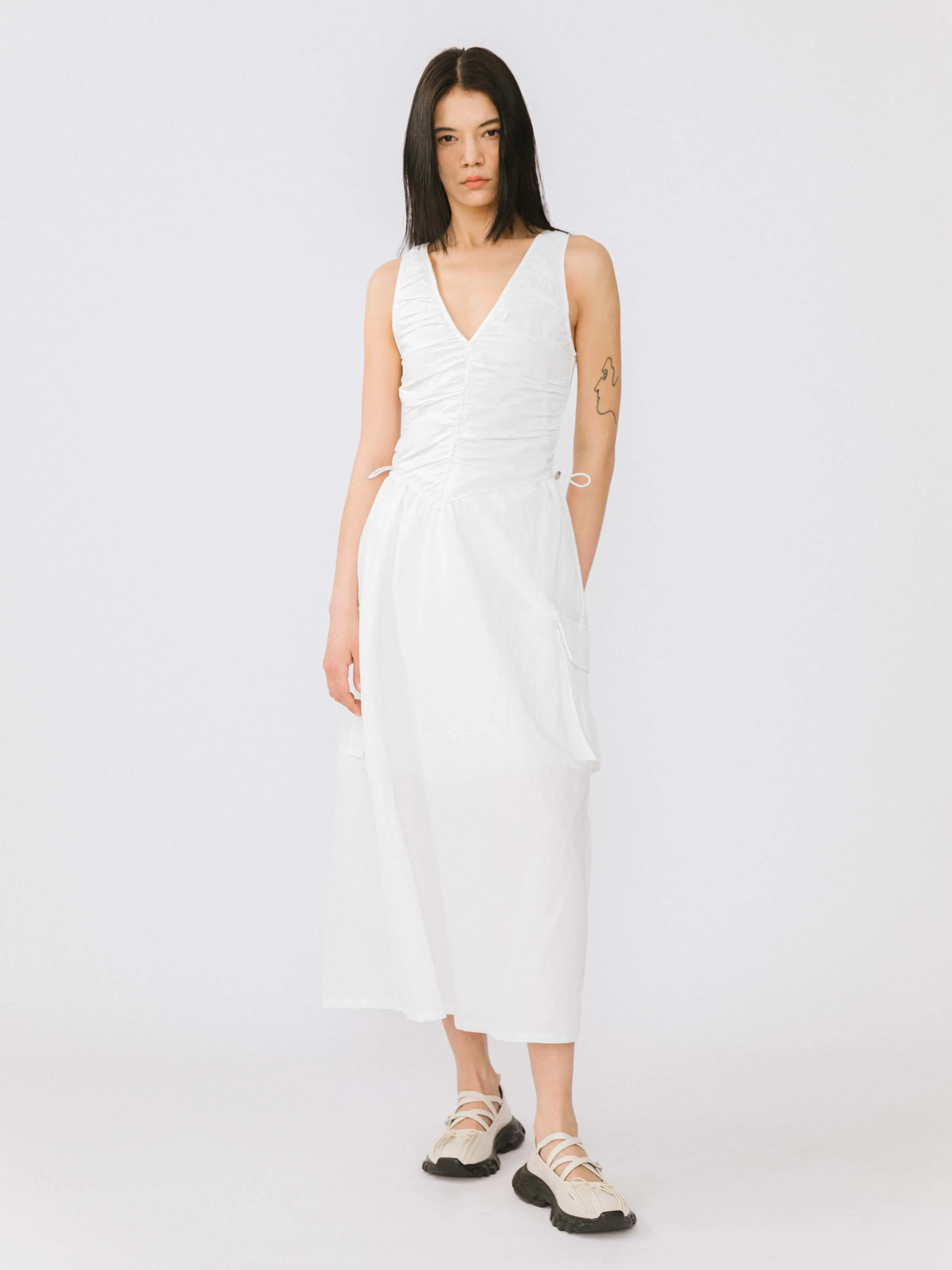 Drawstring Pleated V-Neck Sleeveless Dress