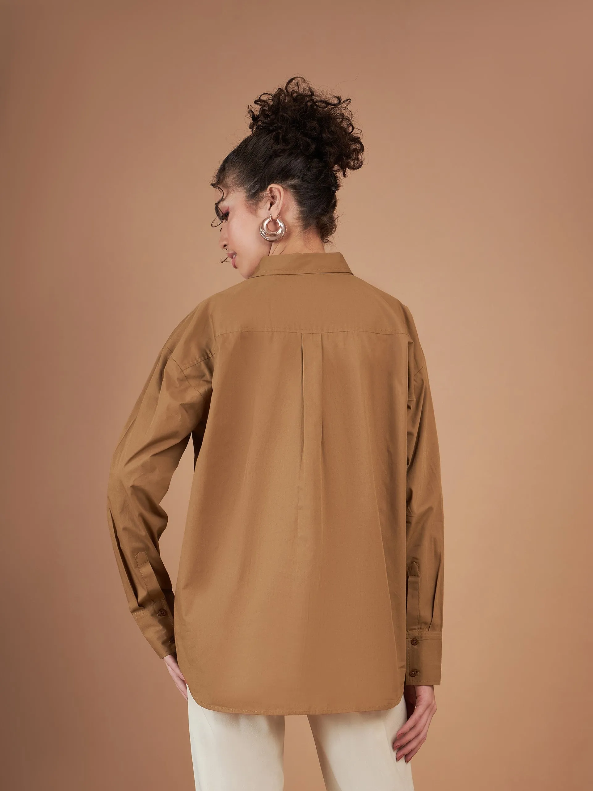 Women Brown Cotton Poplin Oversized Shirt