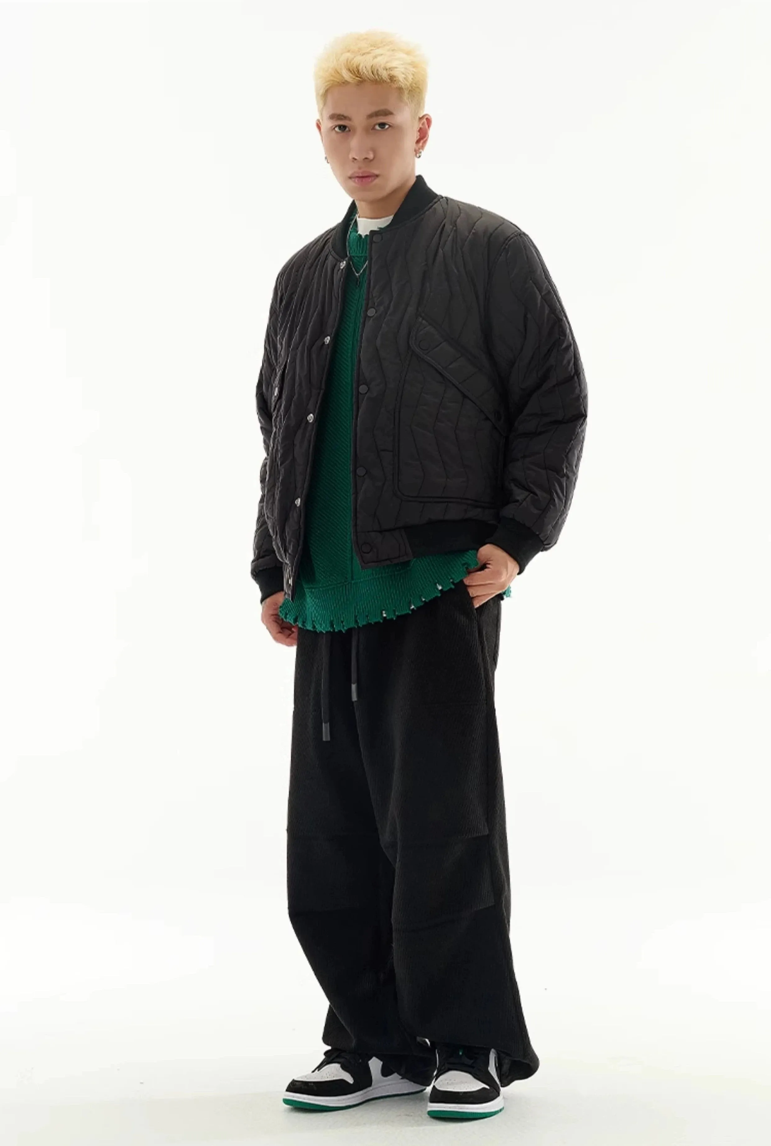 Zigzag Quilted Button Bomber Jacket